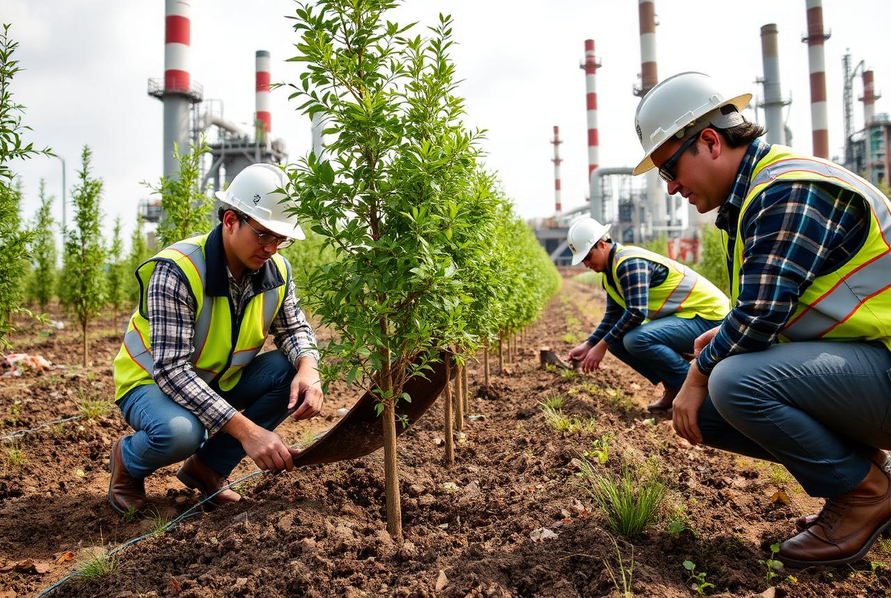 Equipe plantando mudas próximo a uma unidade industrial